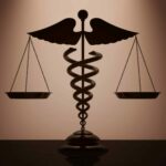 A caduceus symbol links cost containment in healthcare and laws by supporting judicial scales.