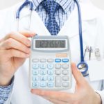 To underline the importance of negotiating surgery costs, a doctor wearing a lab coat and stethoscope holds a calculator facing outward and displaying a number over 12 million.